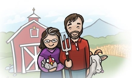 Illustration of farmers Dawn and Steve in the "American Gothic" Grant Wood style done by the artist CAIRN4