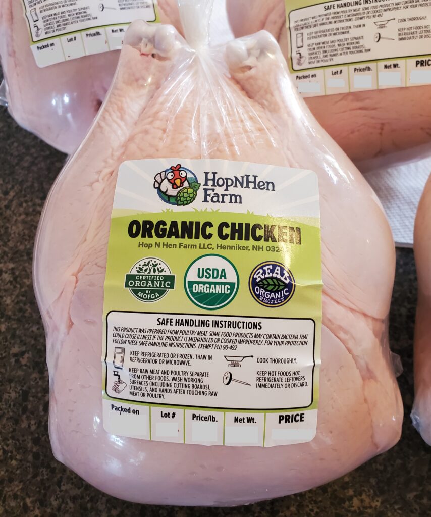 one packaged broiler chicken, with our nifty farm label